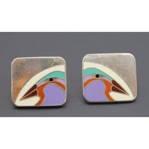 Laurel Burch signed NILE BIRD ORANGE TEAL post style Earrings SQUARE SILVER TONE